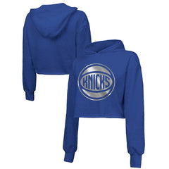 Royal New York Knicks Majestic Threads Women's Tri-Blend Cropped Pullover Hoodie | NBA