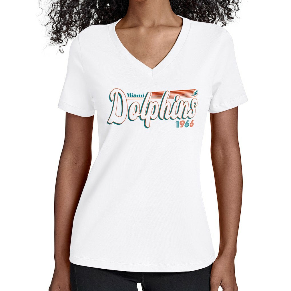 Miami Dolphins Starter Women's Groovy Script V-Neck T-Shirt | NFL Near me
