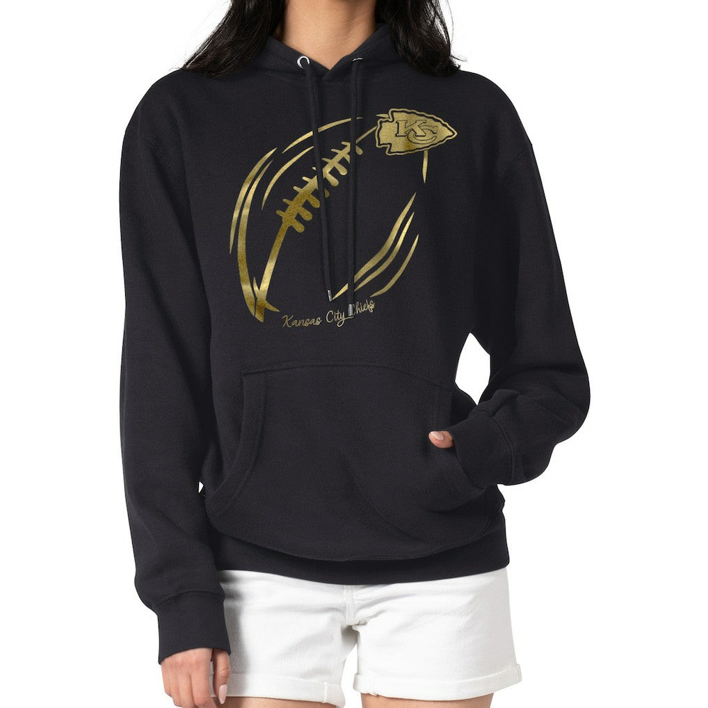 Kansas City Chiefs G-III 4Her by Carl Banks Women's Metallic Print Football Sketch Fleece Pullover Hoodie | NFL Outlet