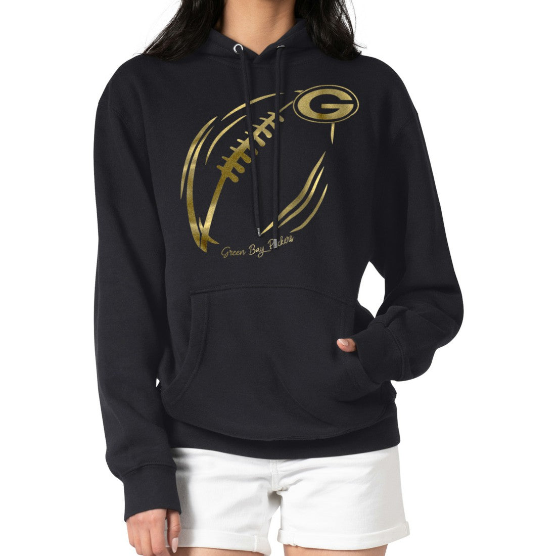 Green Bay Packers G-III 4Her by Carl Banks Women's Metallic Print Football Sketch Fleece Pullover Hoodie | NFL On sale