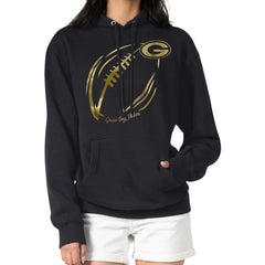 Green Bay Packers G-III 4Her by Carl Banks Women's Metallic Print Football Sketch Fleece Pullover Hoodie | NFL On sale