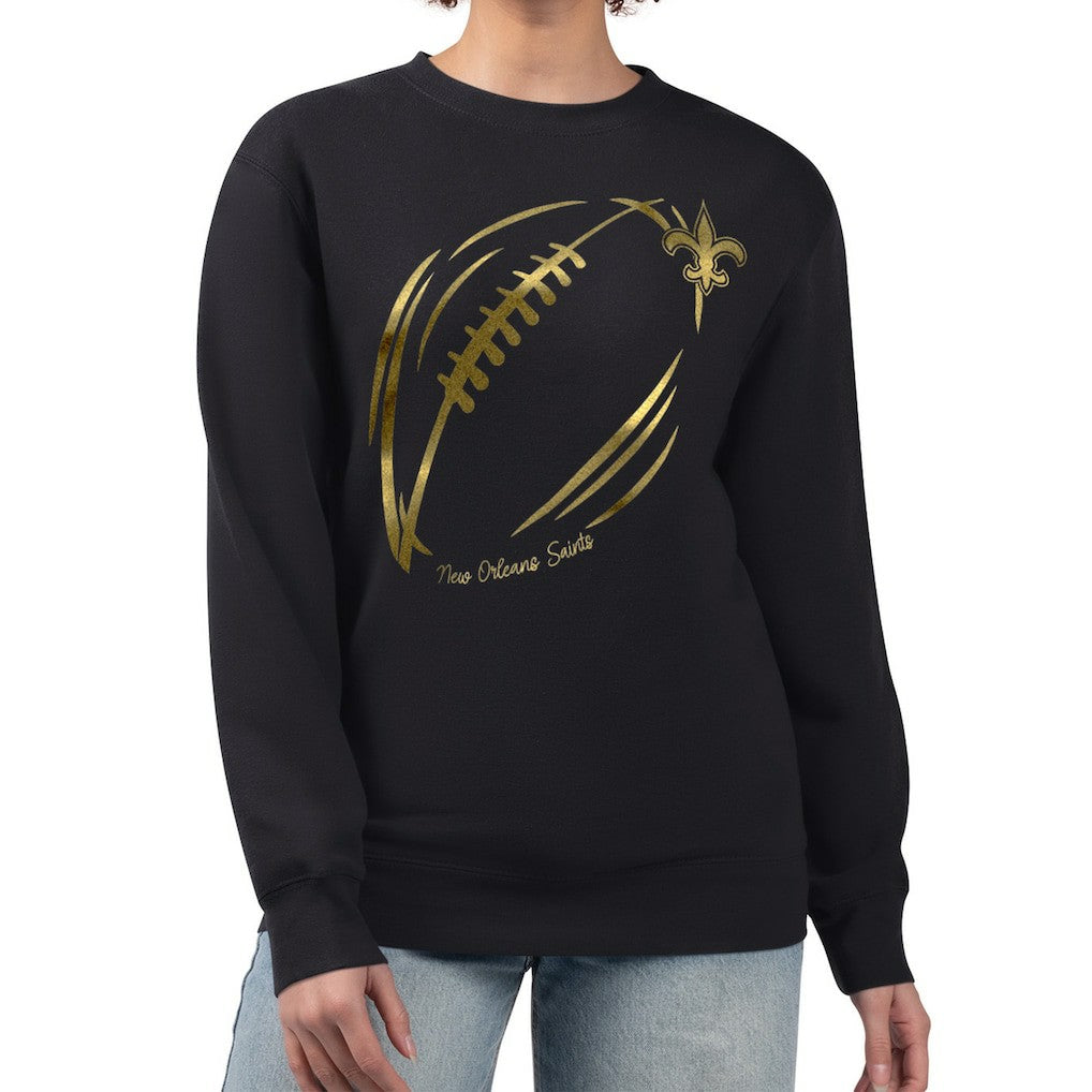 New Orleans Saints G-III 4Her by Carl Banks Women's Metallic Print Football Sketch Fleece Crewneck Sweatshirt | NFL Near me