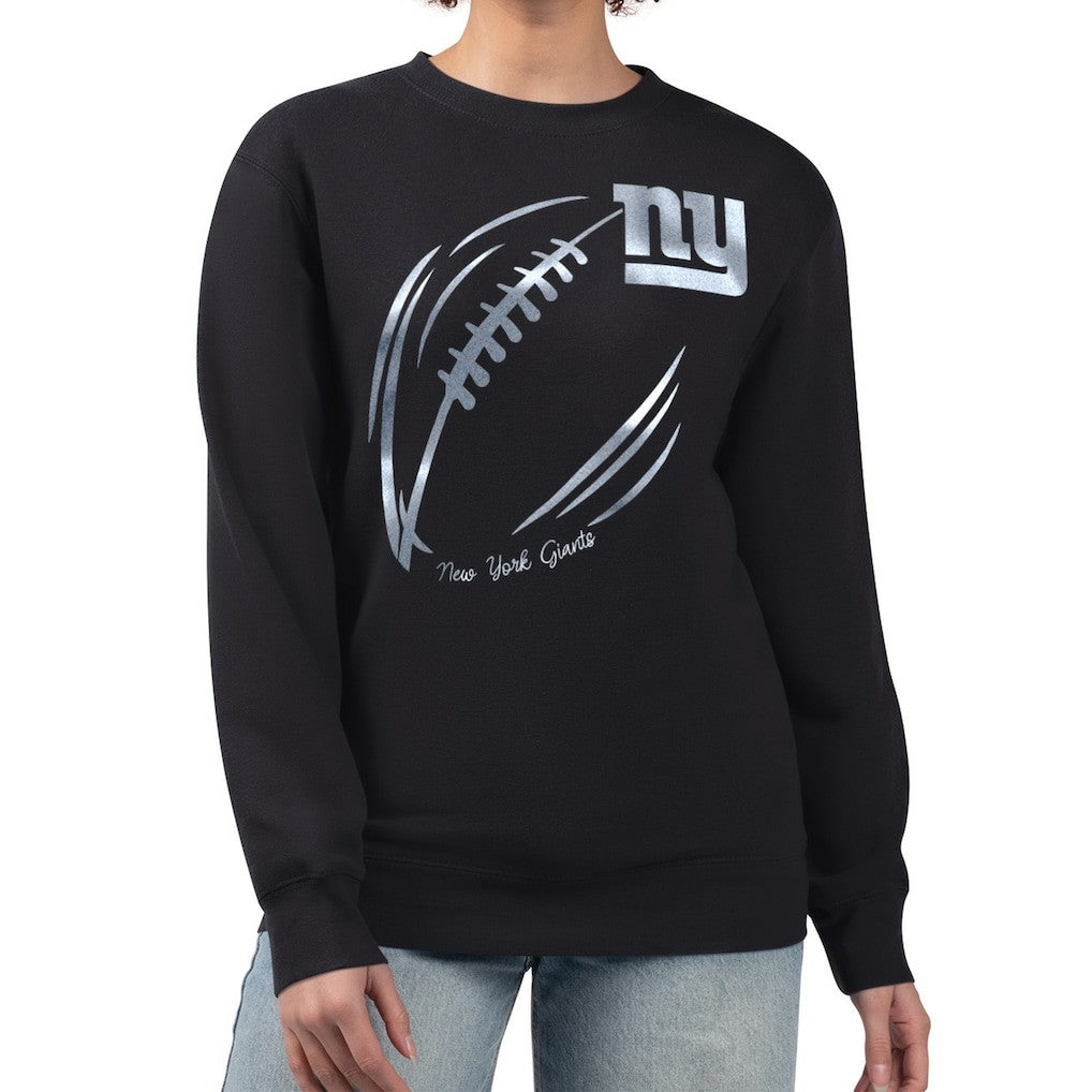 New York Giants G-III 4Her by Carl Banks Women's Metallic Print Football Sketch Fleece Crewneck Sweatshirt | NFL Discount