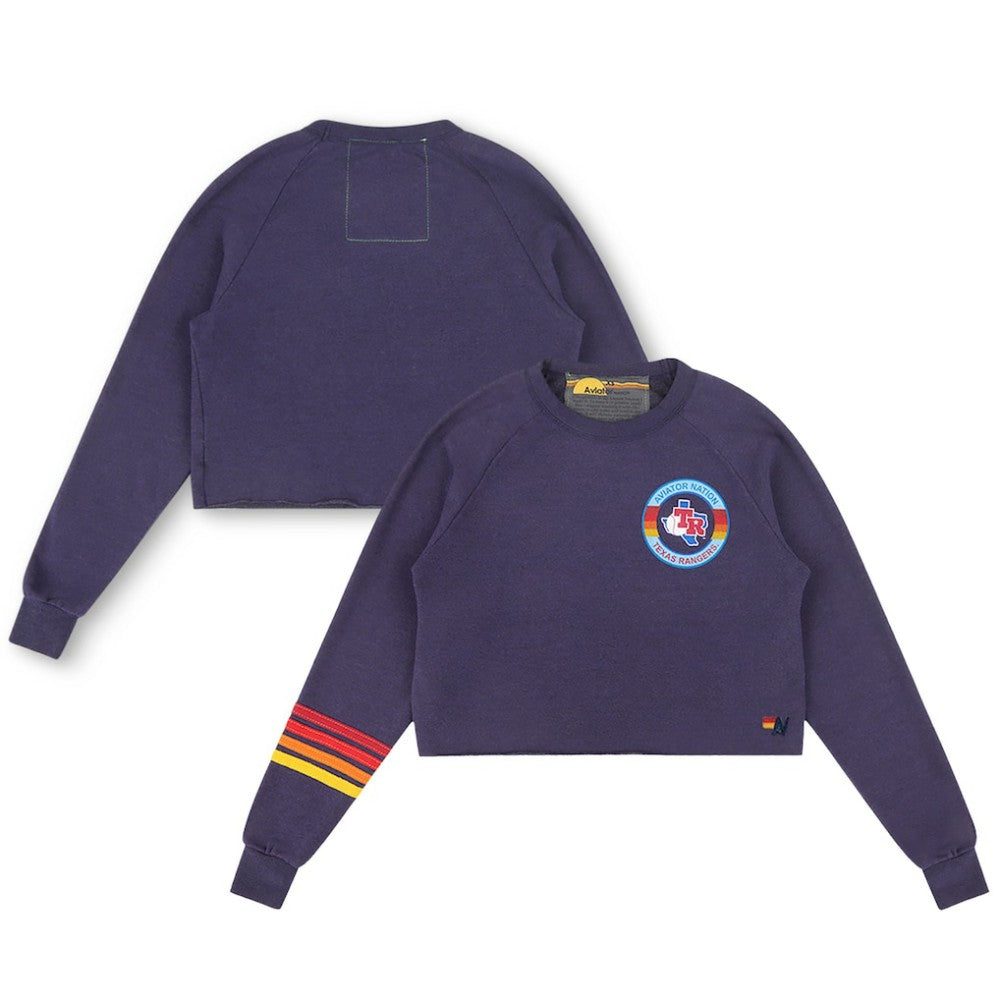 Texas Rangers Aviator Nation x MLB Women's Rugby Stitch Cropped Tri-Blend Pullover Sweatshirt - MLB Pullover