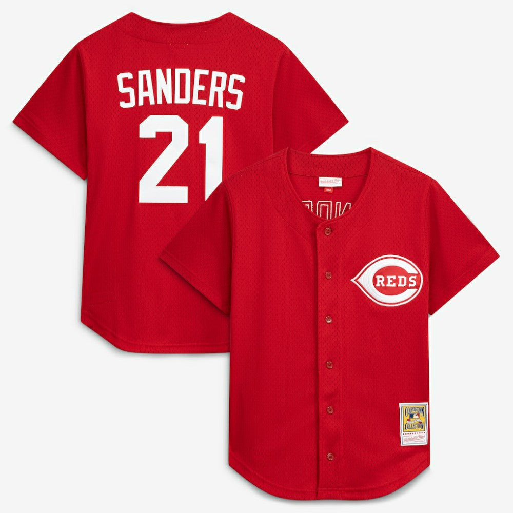Deion Sanders Cincinnati Reds Mitchell & Ness Cooperstown Mesh Batting Practice Button-Up Jersey - MLB Jerseys