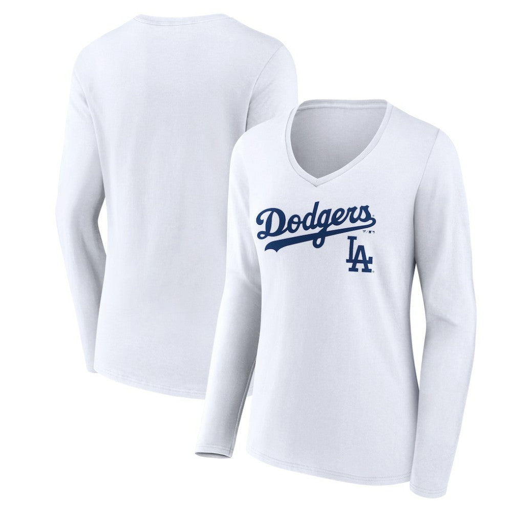 Los Angeles Dodgers Women's Team Lockup Long Sleeve V-Neck T-Shirt - MLB T-shirts