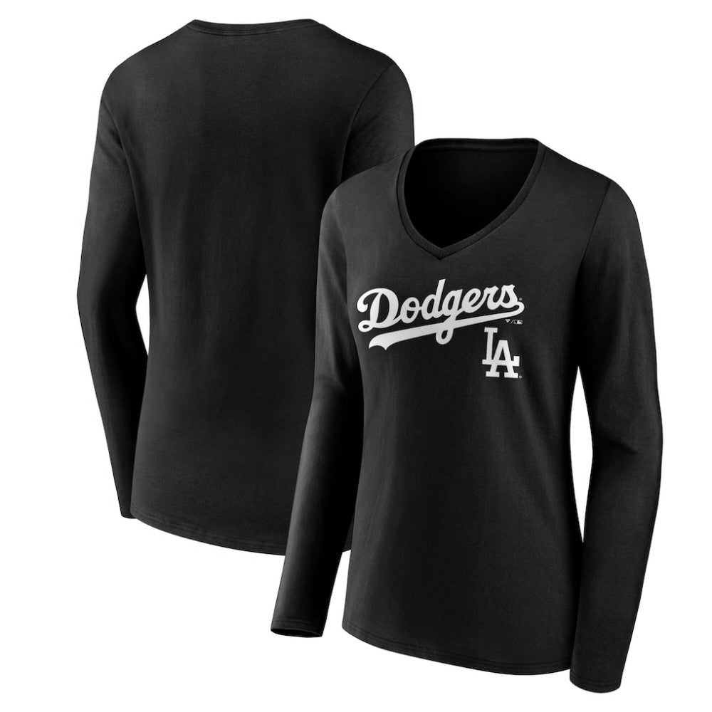 Los Angeles Dodgers Women's Team Lockup Long Sleeve V-Neck T-Shirt - MLB T-shirts