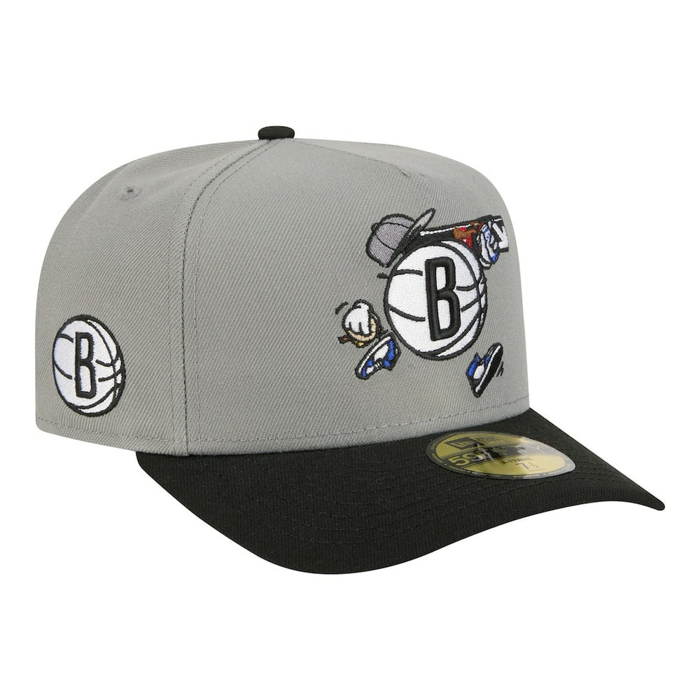 Gray Brooklyn Nets Injection Cartoon Logo A-Frame 59FIFTY Fitted Hat | NBA