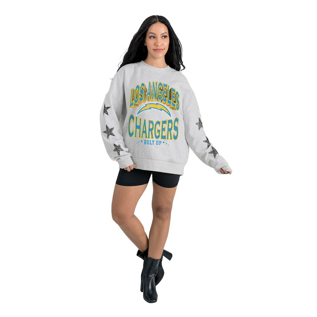 Los Angeles Chargers Gameday Couture Women's Resilience Relaxed Rhinestone Pullover Sweatshirt | NFL US