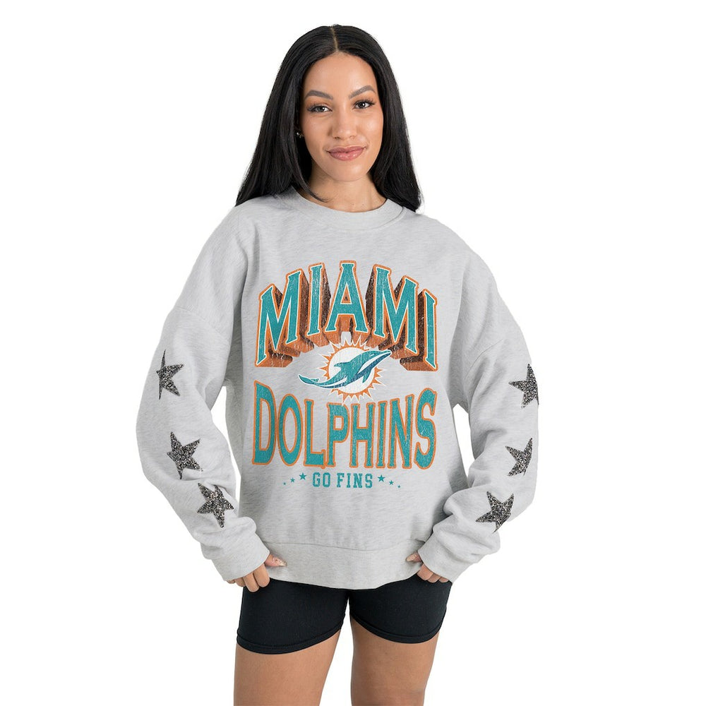 Miami Dolphins Gameday Couture Women's Resilience Relaxed Rhinestone Pullover Sweatshirt | NFL US