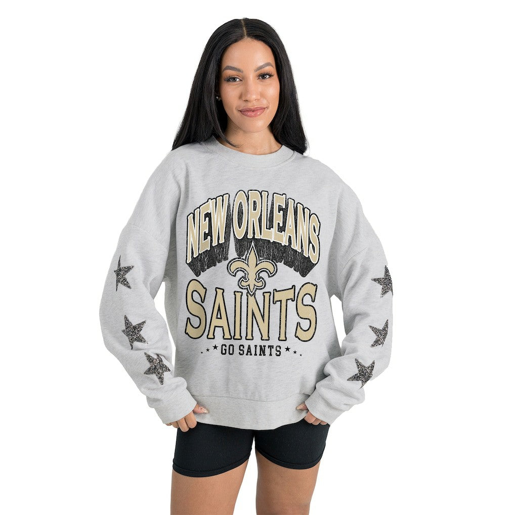 New Orleans Saints Gameday Couture Women's Resilience Relaxed Rhinestone Pullover Sweatshirt | NFL Discount
