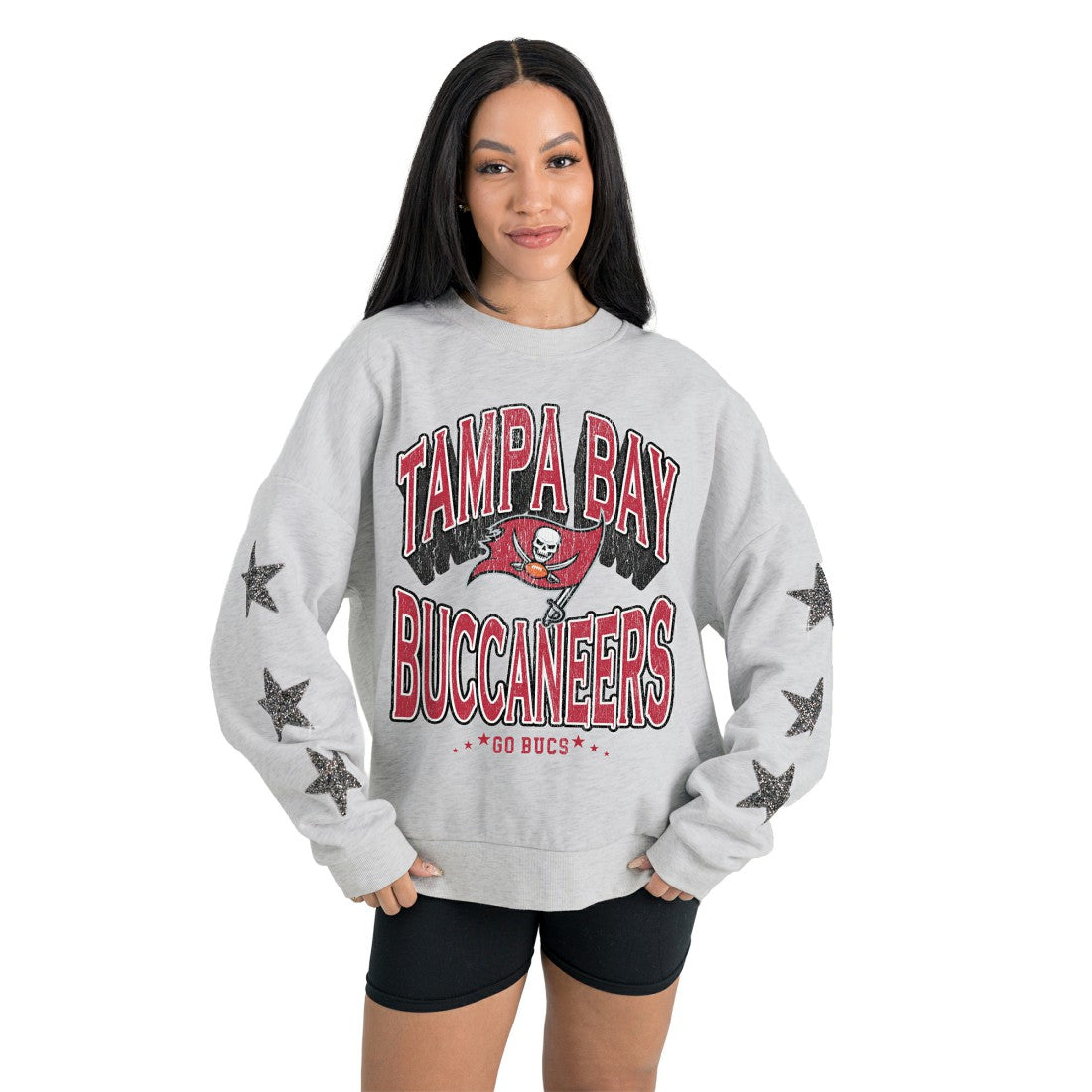 Tampa Bay Buccaneers Gameday Couture Women's Resilience Relaxed Rhinestone Pullover Sweatshirt | NFL On sale