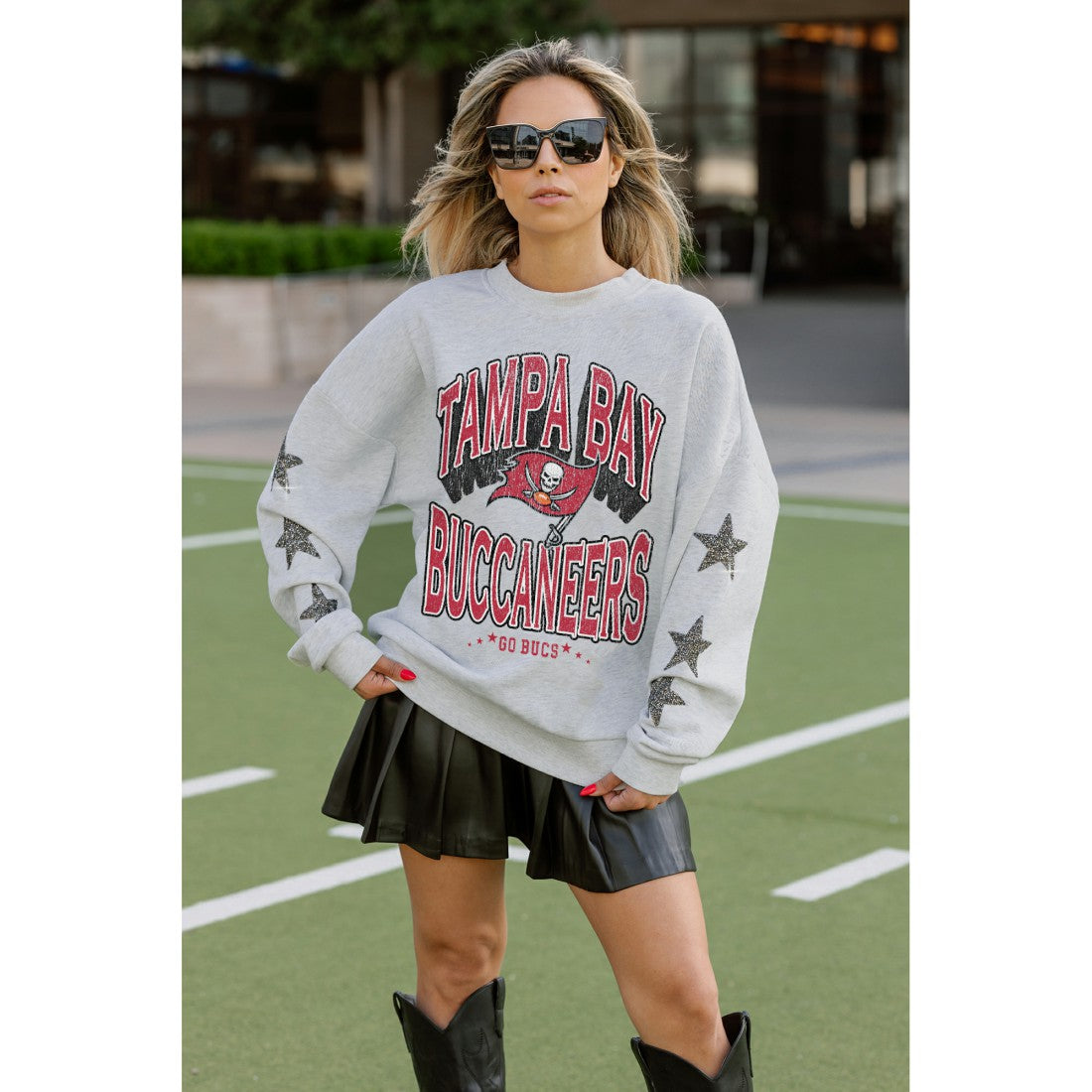 Tampa Bay Buccaneers Gameday Couture Women's Resilience Relaxed Rhinestone Pullover Sweatshirt | NFL On sale