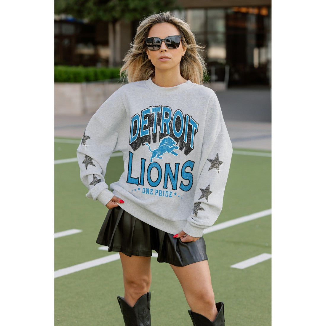 Detroit Lions Gameday Couture Women's Resilience Relaxed Rhinestone Pullover Sweatshirt | NFL US