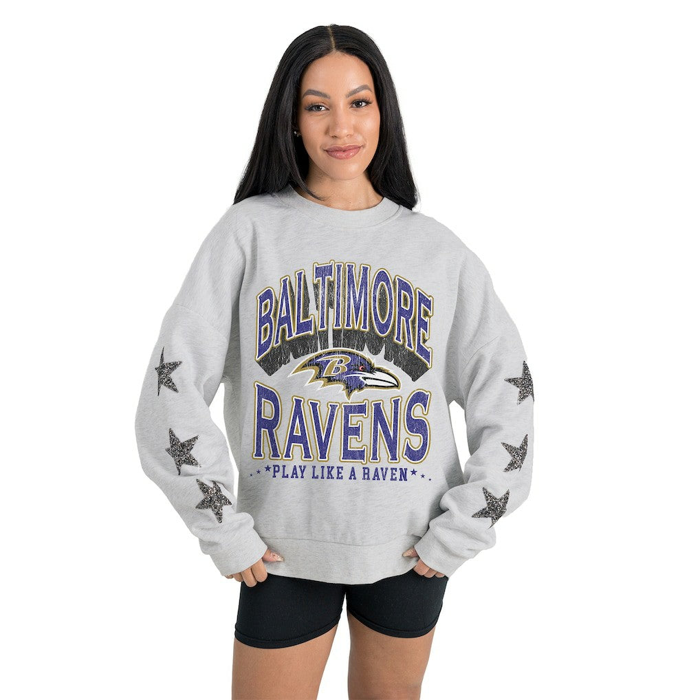 Baltimore Ravens Gameday Couture Women's Resilience Relaxed Rhinestone Pullover Sweatshirt | NFL Discount