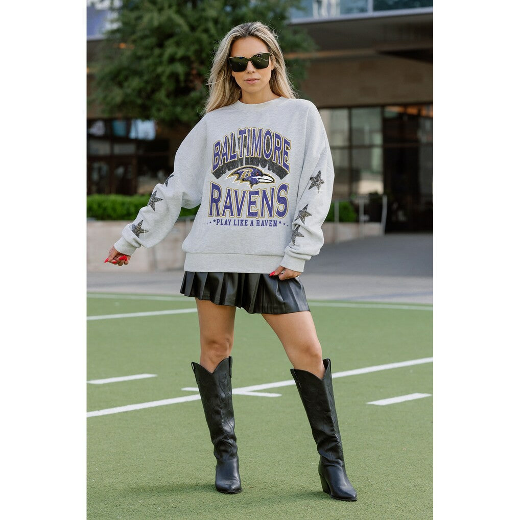 Baltimore Ravens Gameday Couture Women's Resilience Relaxed Rhinestone Pullover Sweatshirt | NFL Discount
