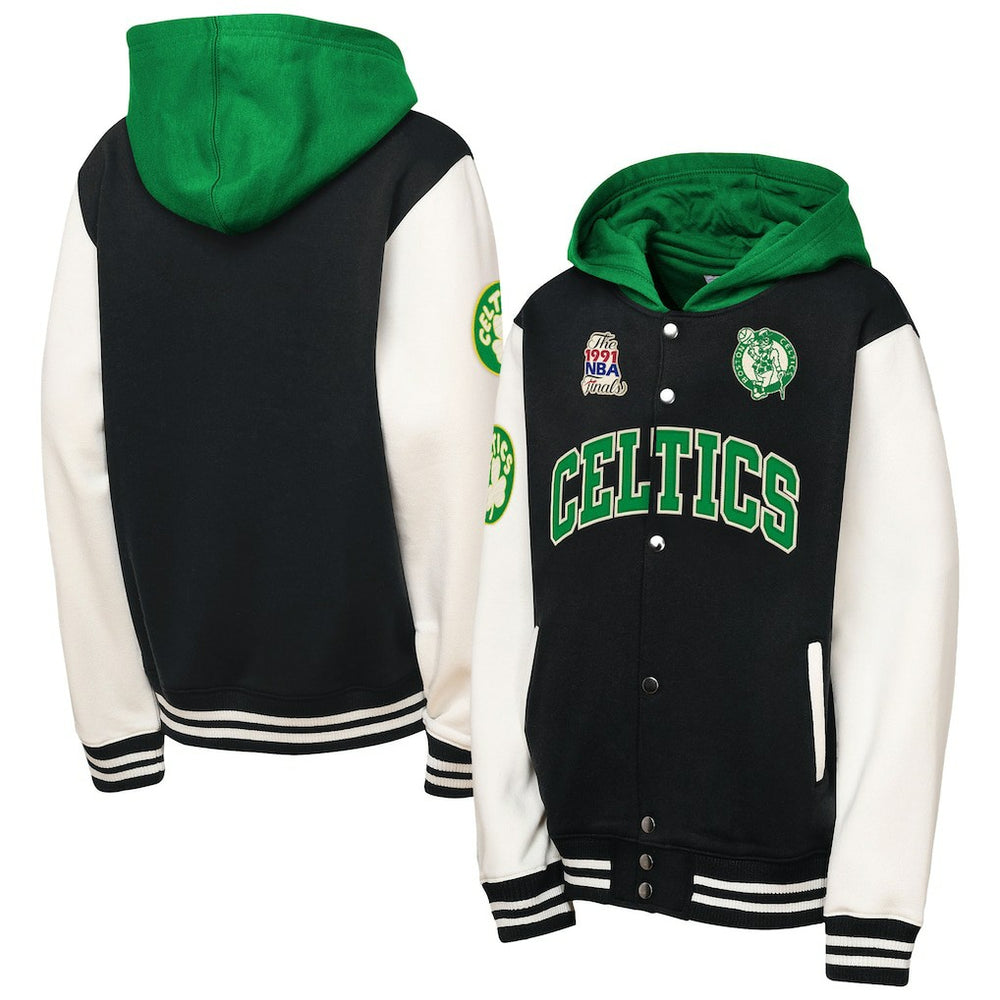 Black Boston Celtics Youth Hardwood Classics Courtside Fleece Full-Snap Hoodie Jacket | NBA