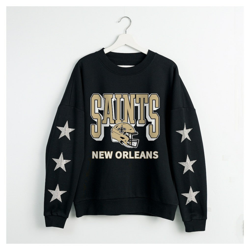 New Orleans Saints Gameday Couture Women's Pure Victory Rhinestud Star-Sleeve Pullover Sweatshirt | NFL Outlet