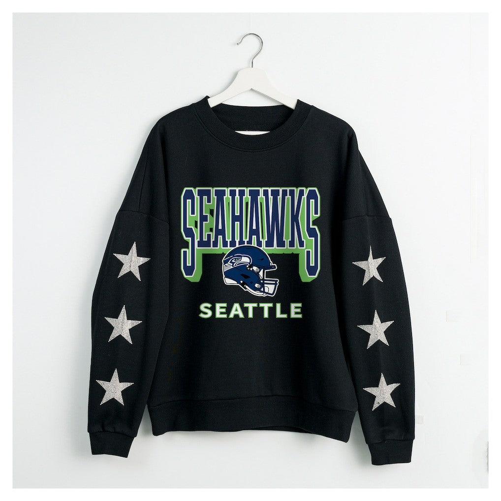Seattle Seahawks Gameday Couture Women's Pure Victory Rhinestud Star-Sleeve Pullover Sweatshirt | NFL Outlet