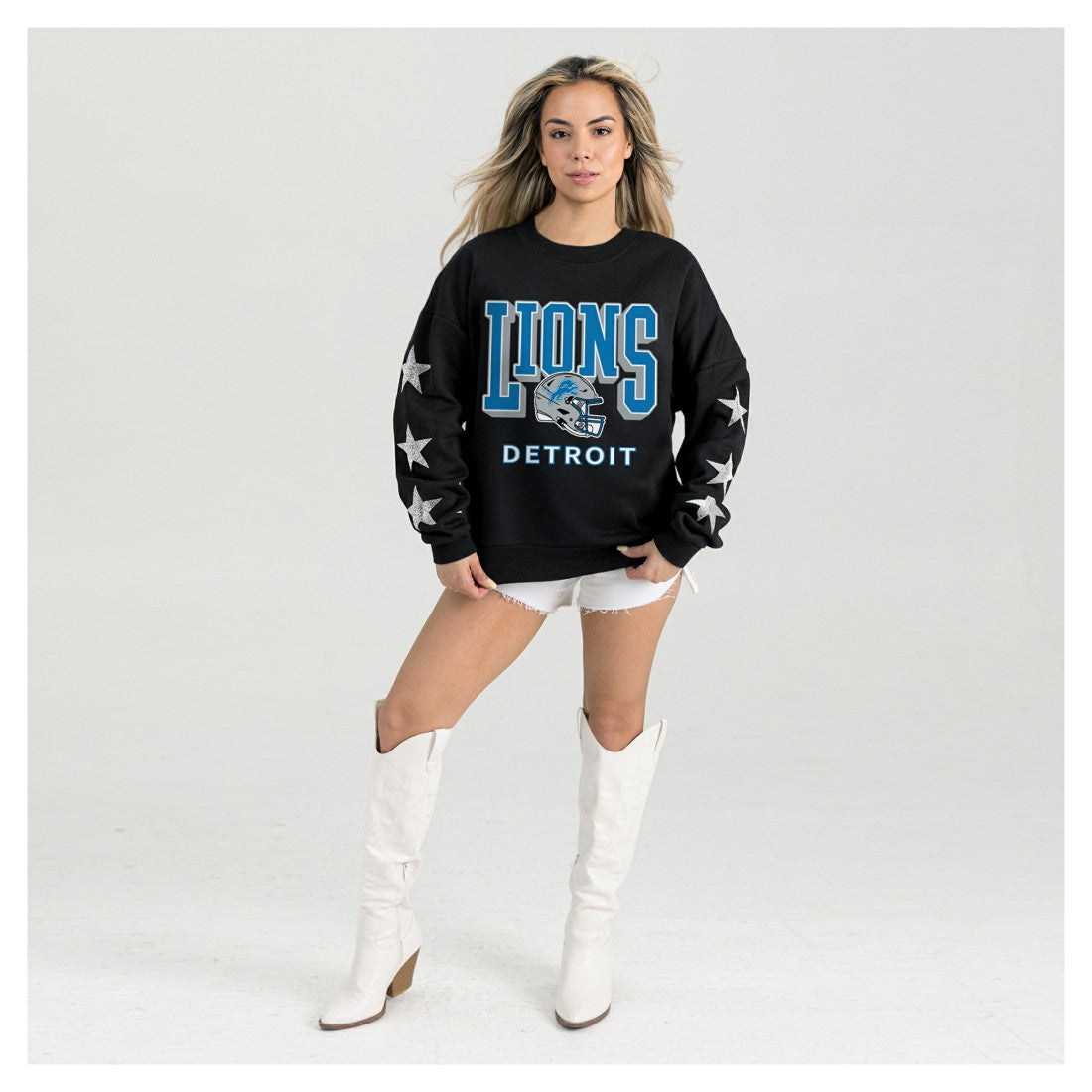 Detroit Lions Gameday Couture Women's Pure Victory Rhinestud Star-Sleeve Pullover Sweatshirt | NFL Online