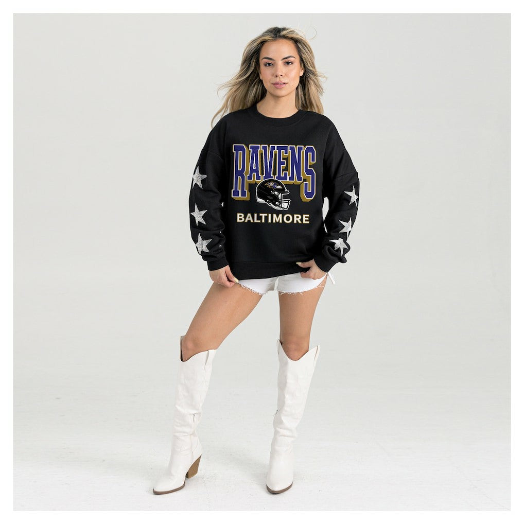Baltimore Ravens Gameday Couture Women's Pure Victory Rhinestud Star-Sleeve Pullover Sweatshirt | NFL Discount