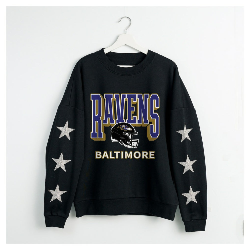 Baltimore Ravens Gameday Couture Women's Pure Victory Rhinestud Star-Sleeve Pullover Sweatshirt | NFL Discount