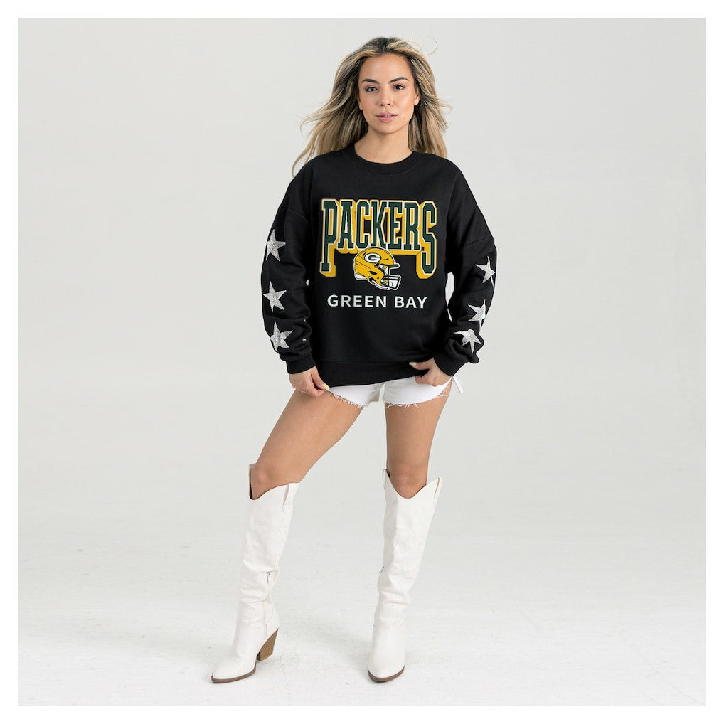 Green Bay Packers Gameday Couture Women's Pure Victory Rhinestud Star-Sleeve Pullover Sweatshirt | NFL Hot