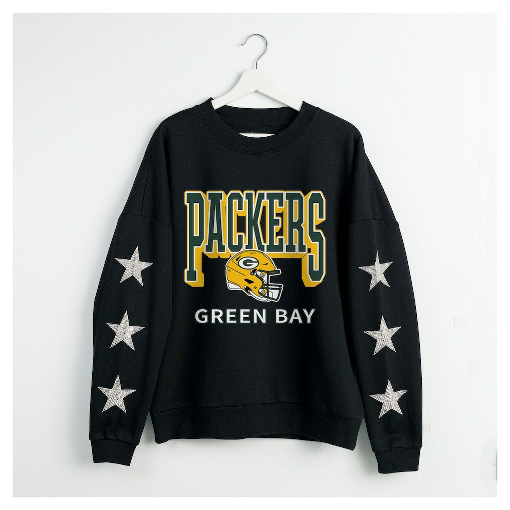 Green Bay Packers Gameday Couture Women's Pure Victory Rhinestud Star-Sleeve Pullover Sweatshirt | NFL Hot