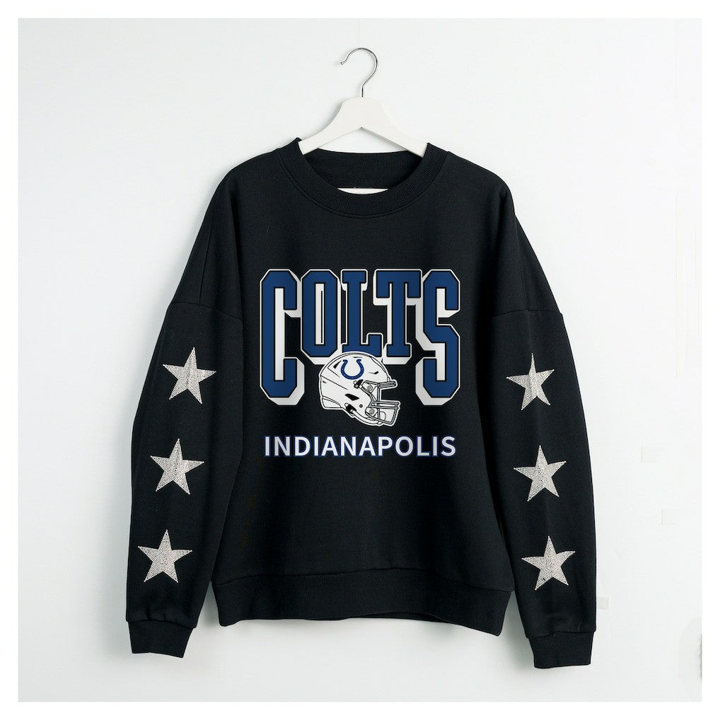 Indianapolis Colts Gameday Couture Women's Pure Victory Rhinestud Star-Sleeve Pullover Sweatshirt | NFL Sale