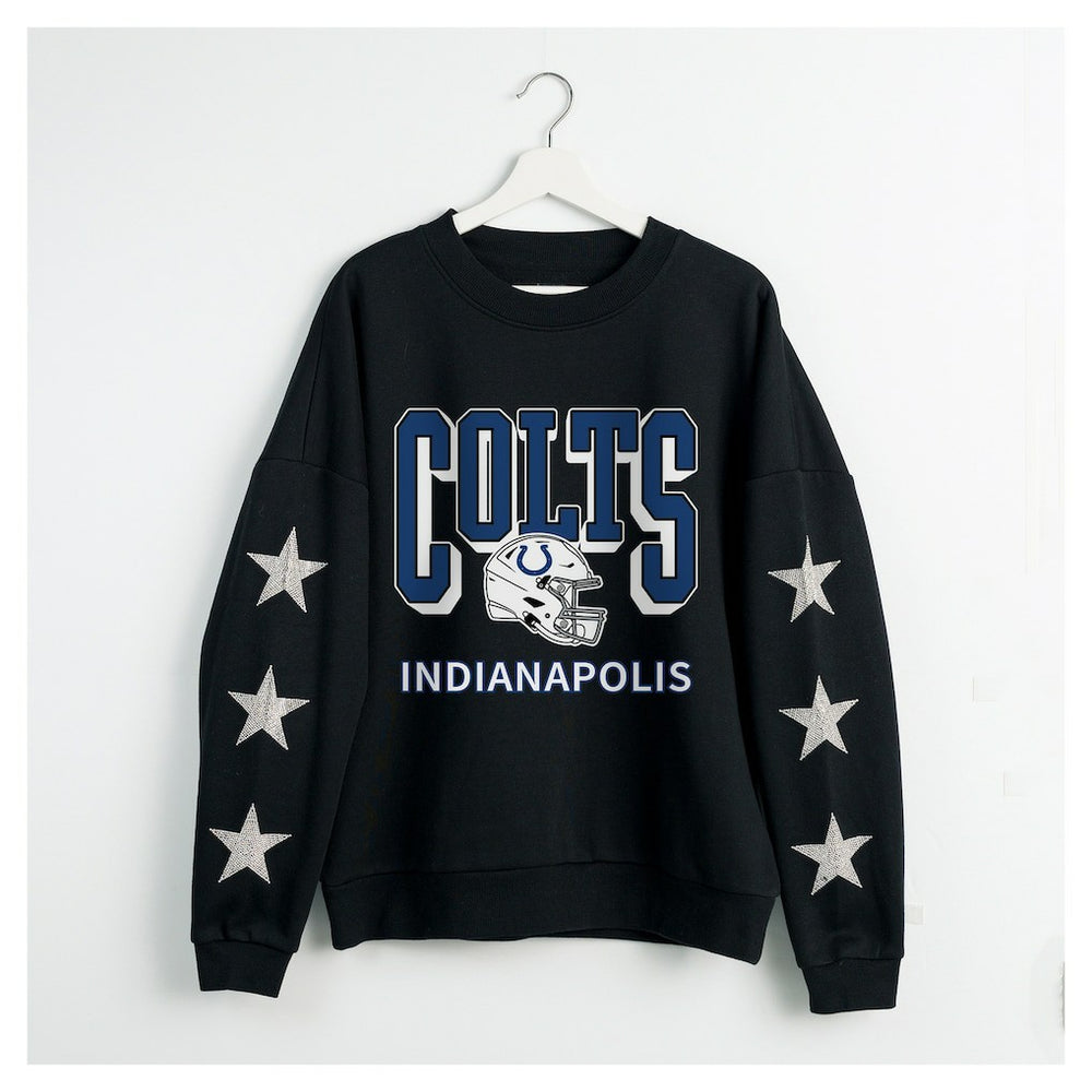 Indianapolis Colts Gameday Couture Women's Pure Victory Rhinestud Star-Sleeve Pullover Sweatshirt | NFL Sale