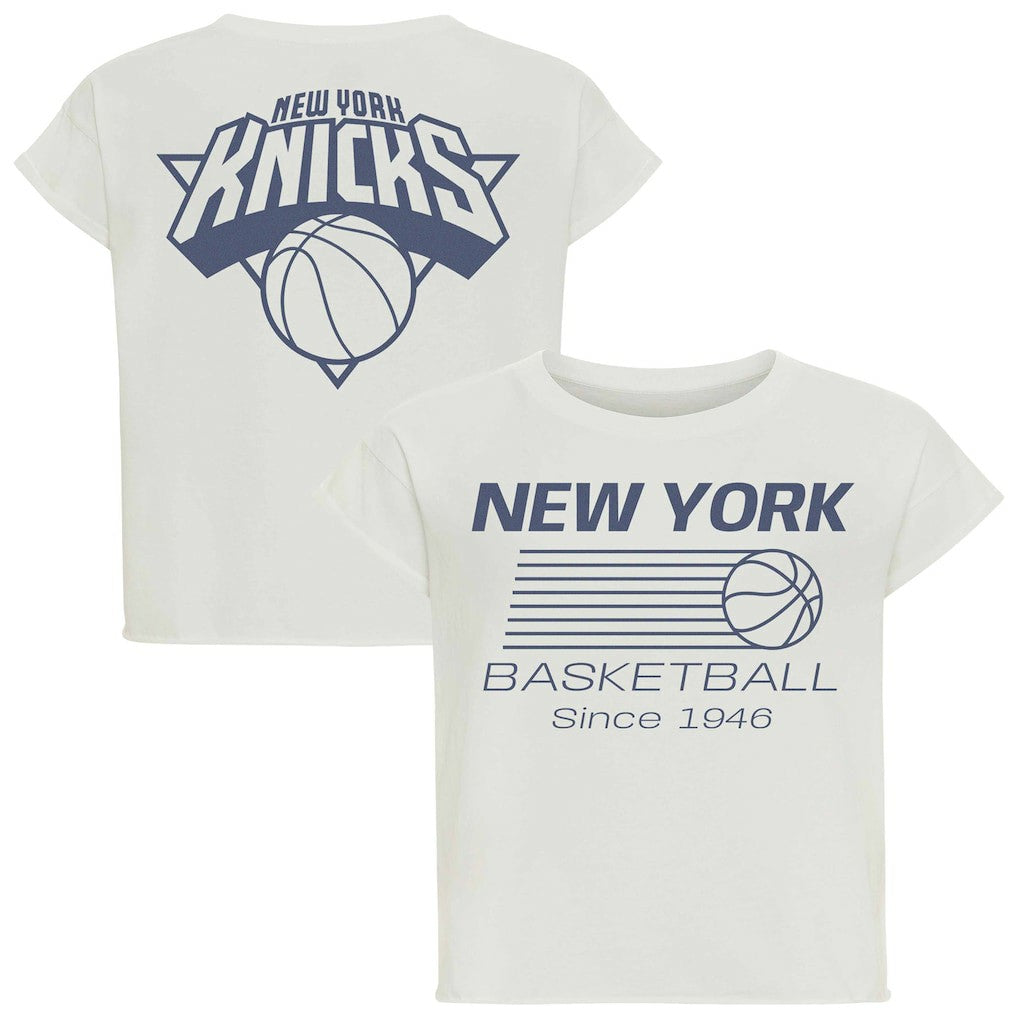 Cream New York Knicks Sportiqe Women's Athletic Club Collection Alana Premium Cropped T-Shirt | NBA