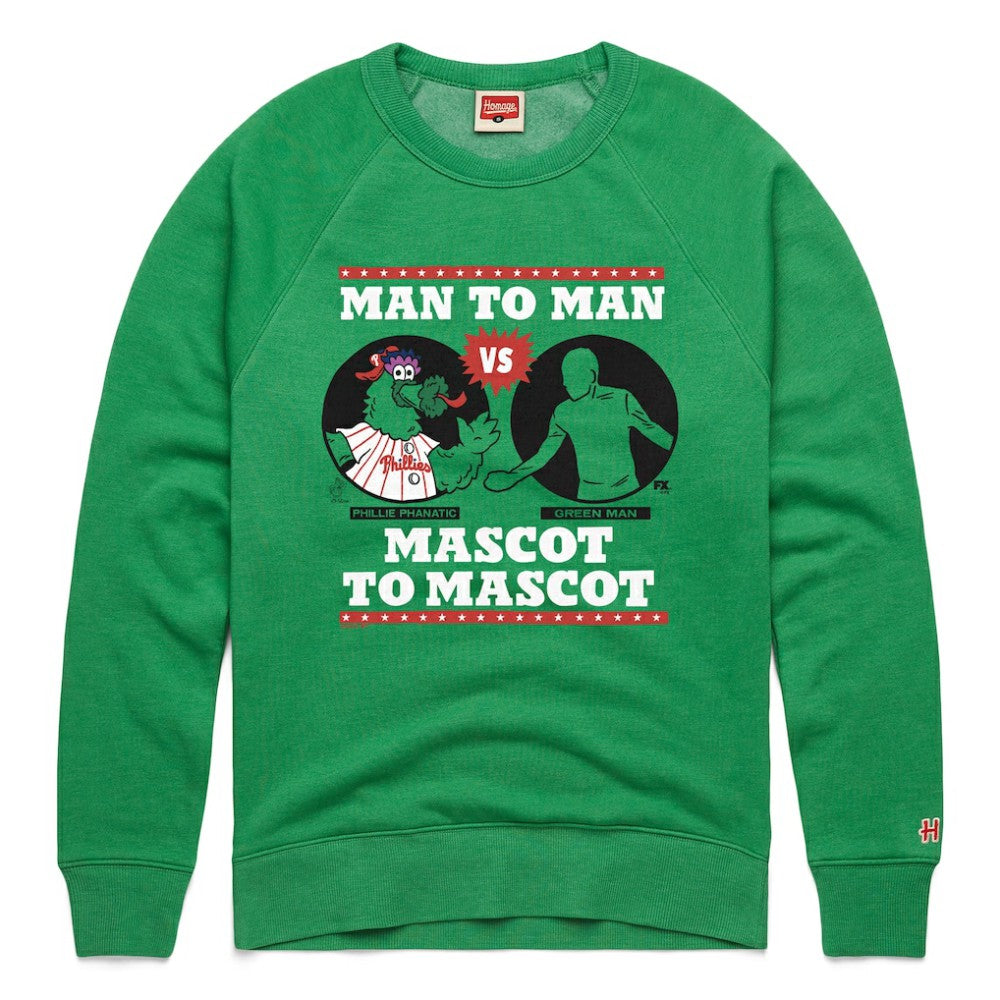 Philadelphia Phillies x It's Always Sunny in Philadelphia Homage Male Adult Phillie Phanatic vs Green Man Sweatshirt - MLB Sweatshirts