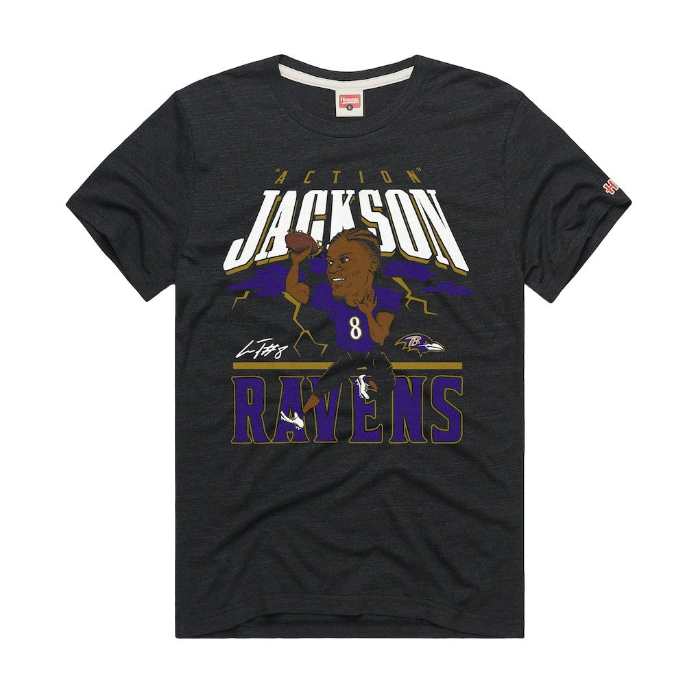 Baltimore Ravens Lamar Jackson  Homage Unisex Caricature Player Graphic Tri-Blend T-Shirt | NFL Sale