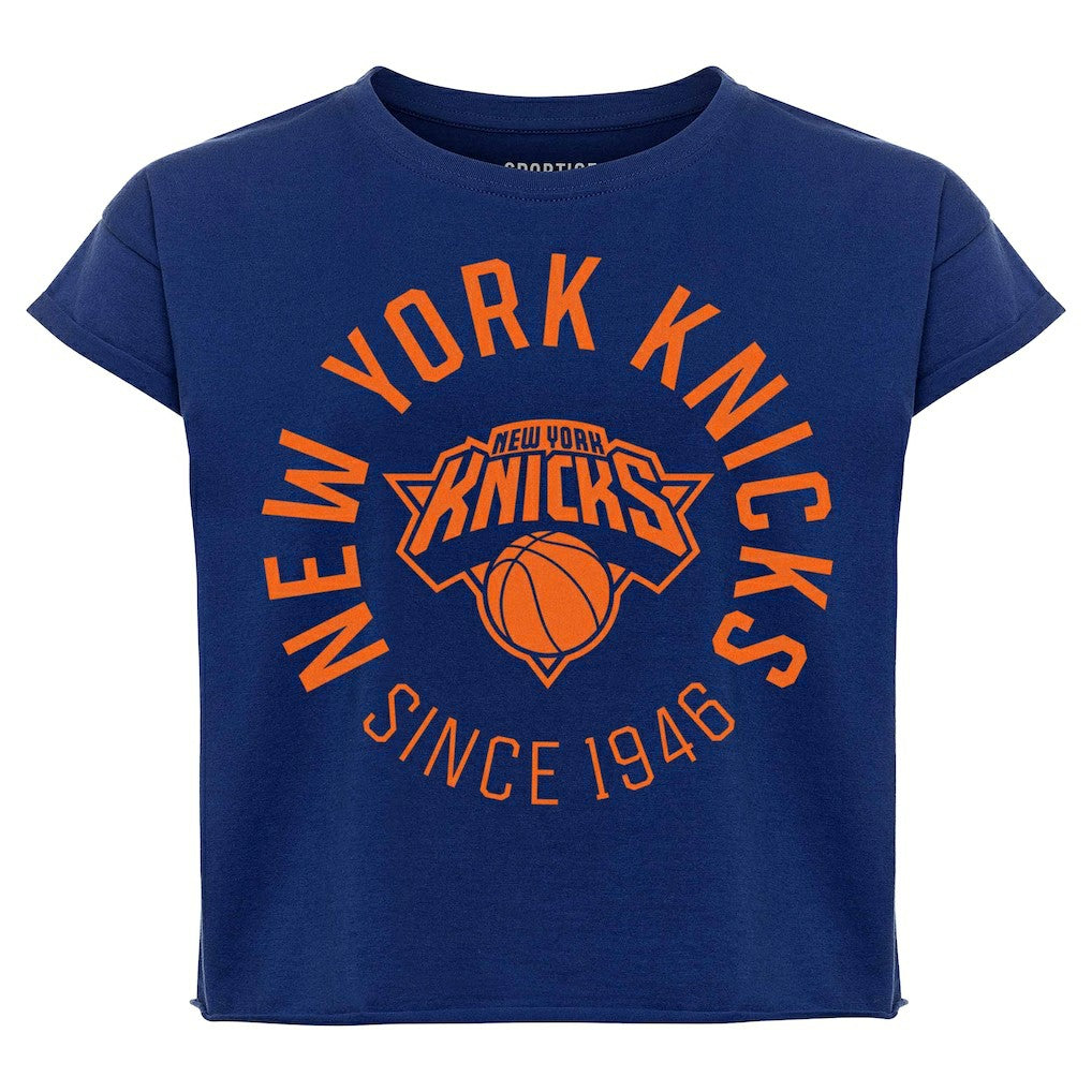 Navy New York Knicks Sportiqe Women's Cropped Genuine Issue Collection Alana T-Shirt | NBA