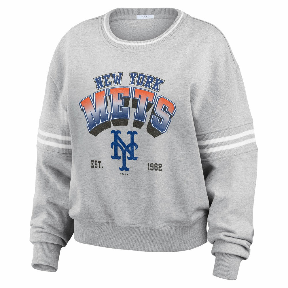 New York Mets WEAR by Erin Andrews Women's Sleeve Stripe Fleece Sweatshirt - MLB Sweatshirts
