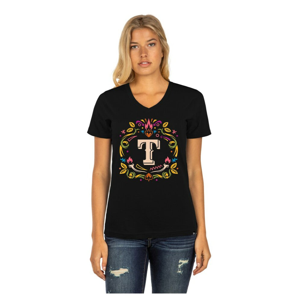 Texas Rangers New Era Women's Día de los Muertos V-Neck T-Shirt - MLB T-shirts
