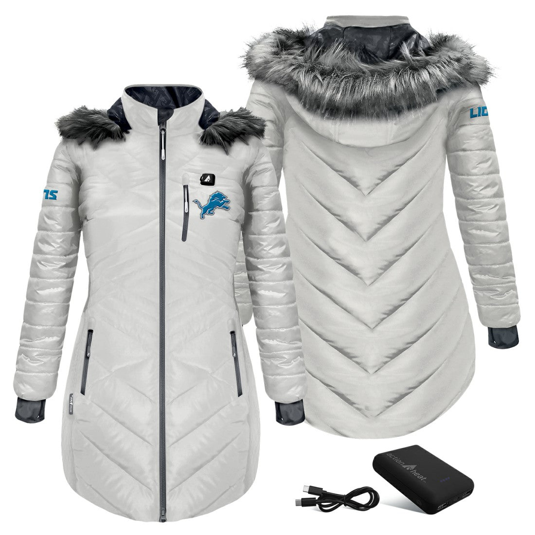 Detroit Lions ActionHeat Women's 5V Battery Heated Long Puffer Full-Zip Hoodie Jacket | NFL Sale