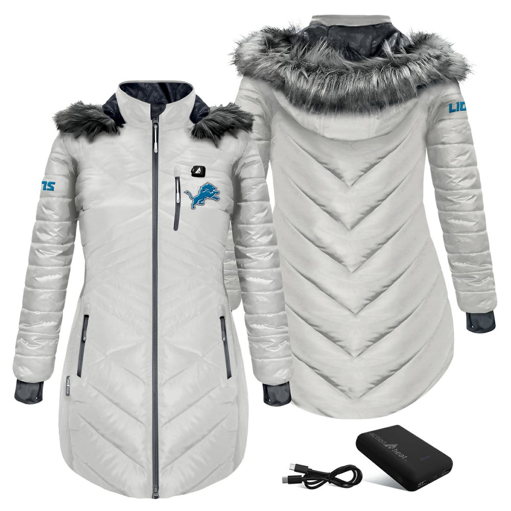 Detroit Lions ActionHeat Women's 5V Battery Heated Long Puffer Full-Zip Hoodie Jacket | NFL Sale