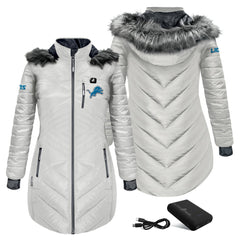 Detroit Lions ActionHeat Women's 5V Battery Heated Long Puffer Full-Zip Hoodie Jacket | NFL Sale