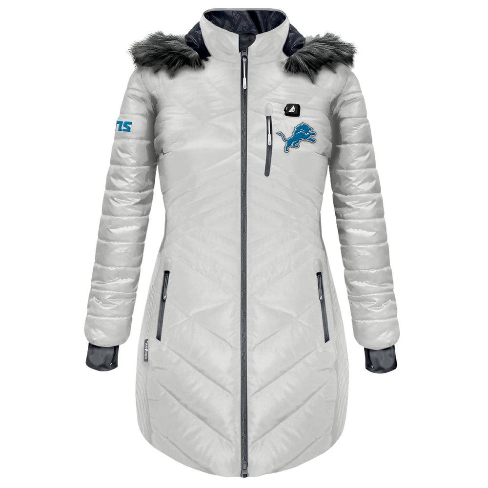 Detroit Lions ActionHeat Women's 5V Battery Heated Long Puffer Full-Zip Hoodie Jacket | NFL Sale