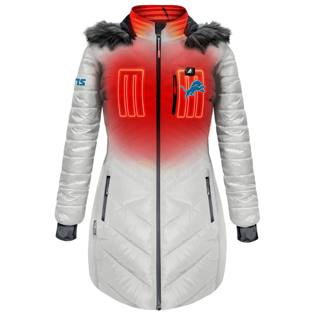 Detroit Lions ActionHeat Women's 5V Battery Heated Long Puffer Full-Zip Hoodie Jacket | NFL Sale
