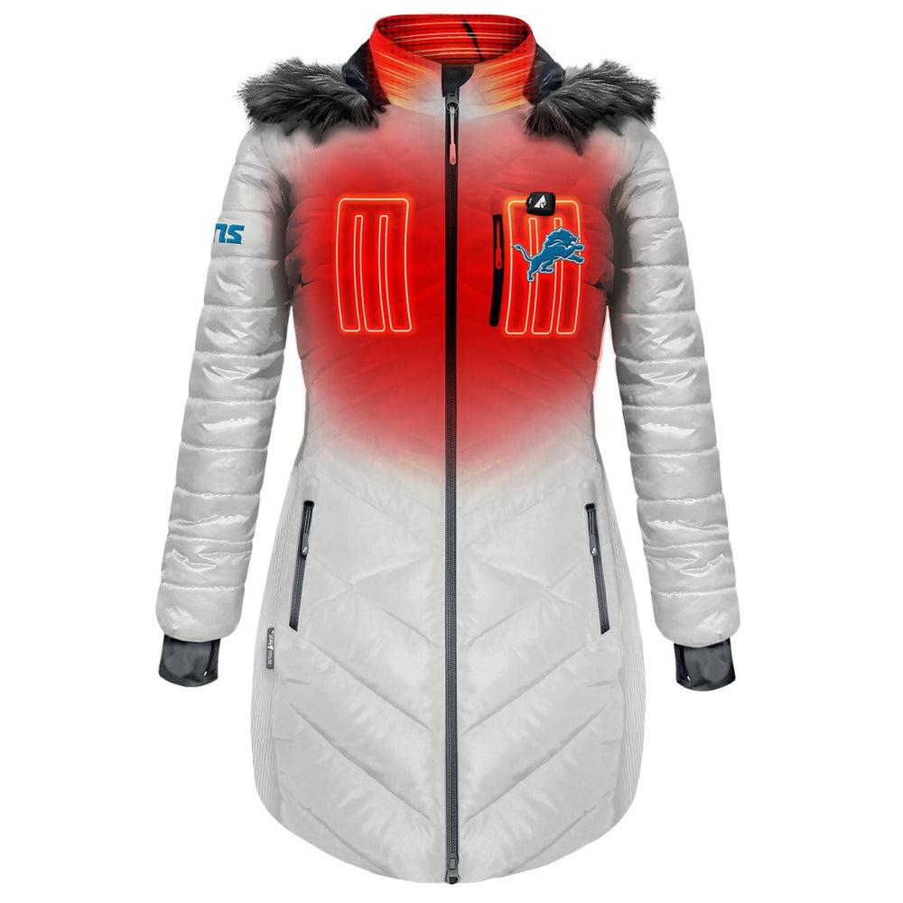 Detroit Lions ActionHeat Women's 5V Battery Heated Long Puffer Full-Zip Hoodie Jacket | NFL Sale