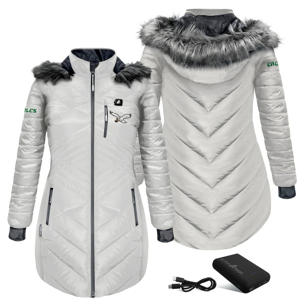 Philadelphia Eagles ActionHeat Women's 5V Battery Heated Long Puffer Full-Zip Hoodie Jacket | NFL Sale