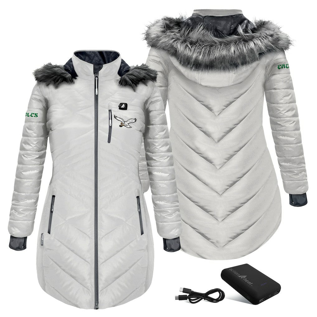 Philadelphia Eagles ActionHeat Women's 5V Battery Heated Long Puffer Full-Zip Hoodie Jacket | NFL Sale