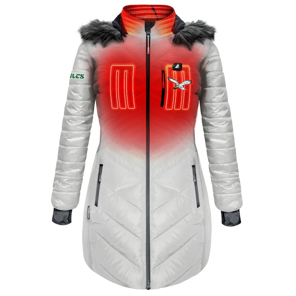 Philadelphia Eagles ActionHeat Women's 5V Battery Heated Long Puffer Full-Zip Hoodie Jacket | NFL Sale