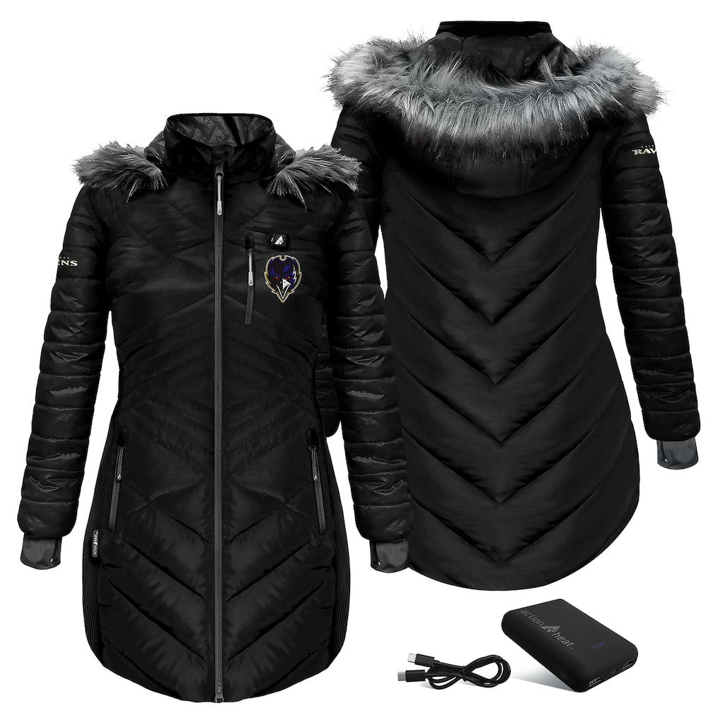 Baltimore Ravens ActionHeat Women's 5V Battery Heated Long Puffer Full-Zip Hoodie Jacket | NFL Sale