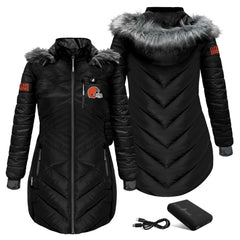 Cleveland Browns ActionHeat Women's 5V Battery Heated Long Puffer Full-Zip Hoodie Jacket | NFL Sale