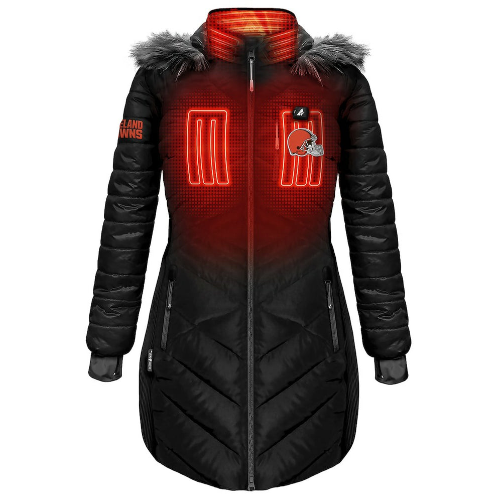 Cleveland Browns ActionHeat Women's 5V Battery Heated Long Puffer Full-Zip Hoodie Jacket | NFL Sale