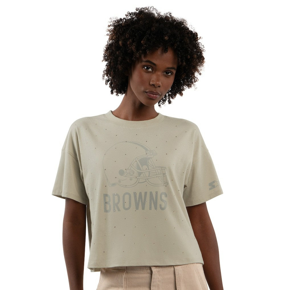 Cleveland Browns Starter Women's Rhinestone Sprinkle Boxy Cropped T-Shirt | NFL Outlet