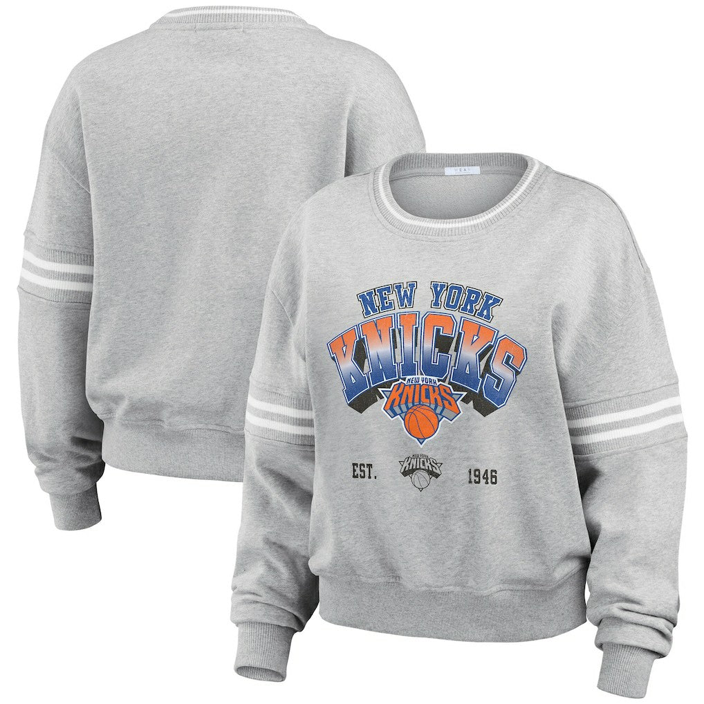 Gray New York Knicks WEAR by Erin Andrews Women's Sleeve Stripe Fleece Crewneck Sweatshirt | NBA